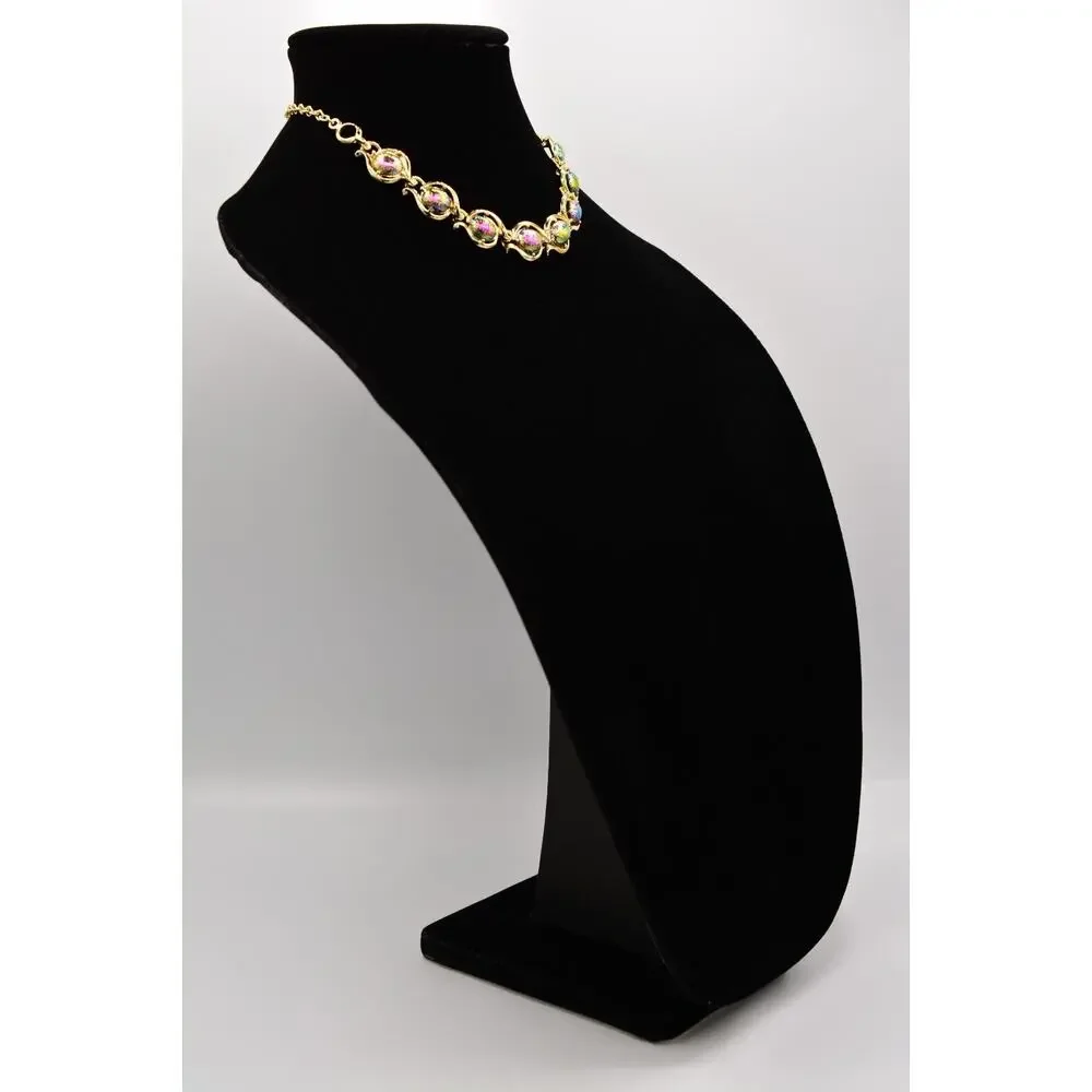 Vintage Collar Choker Necklace Lucite Watermelon Chrome Gold Linked 1970s BinA